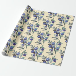 Papier Cadeau Elégante aquarelle Festive Bleu Berries sur Beige