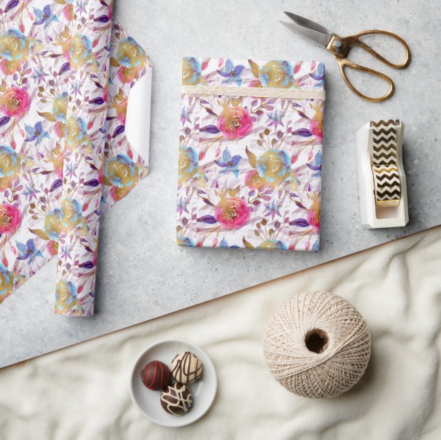 Papier Cadeau Elégante aquarelle fleurie rose et blanc (Artisanat)