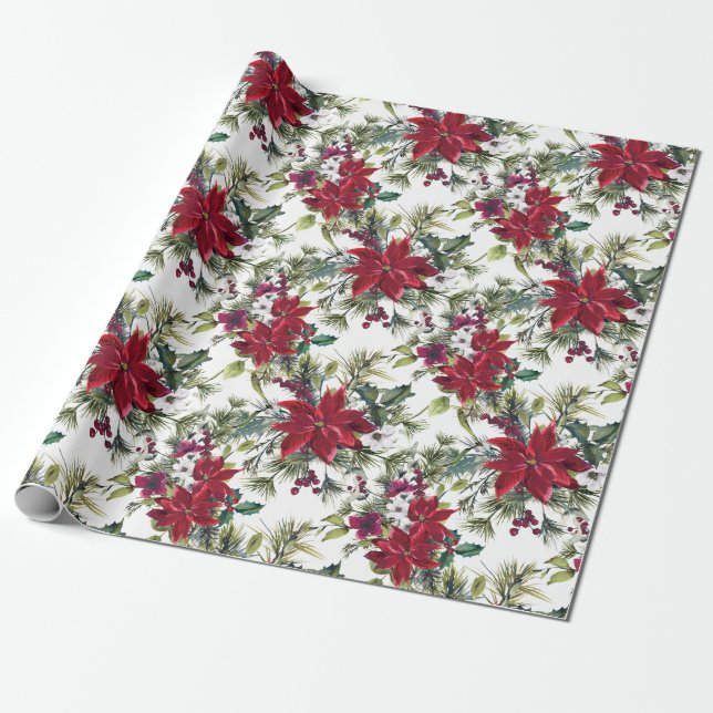Papier Cadeau Elégante aquarelle Poinsettia Motif vacances (Déroulé)