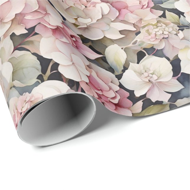 Papier Cadeau Elégante aquarelle rose hydrangées florales (Coin rond)