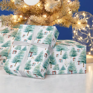Papier Cadeau Elégante aquarelle Turquoise Arbres de Noël avec c