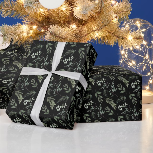 Papier Cadeau Elégante aquarelle verdure hivernale | Noir (Vacances)