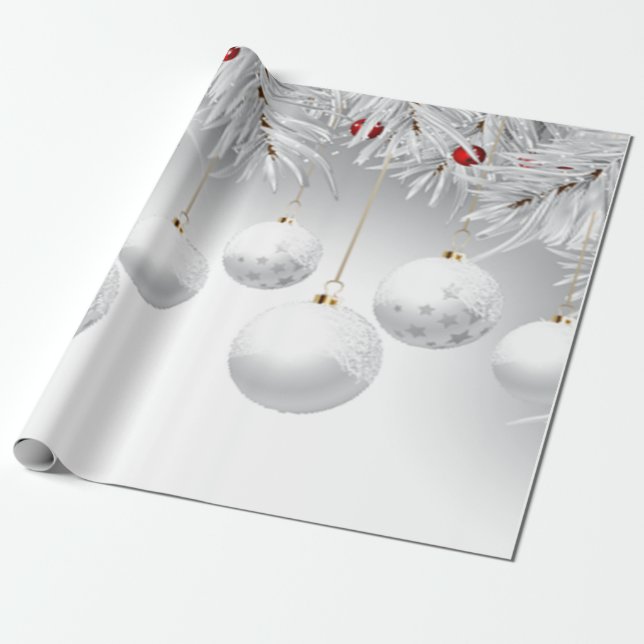 Papier Cadeau Élégante Ballons de Noël Blanc (Déroulé)