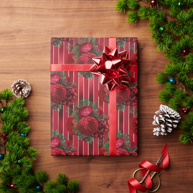Papier Cadeau Élégante bande métallique de fleurs rouges (Cadeau de vacances)