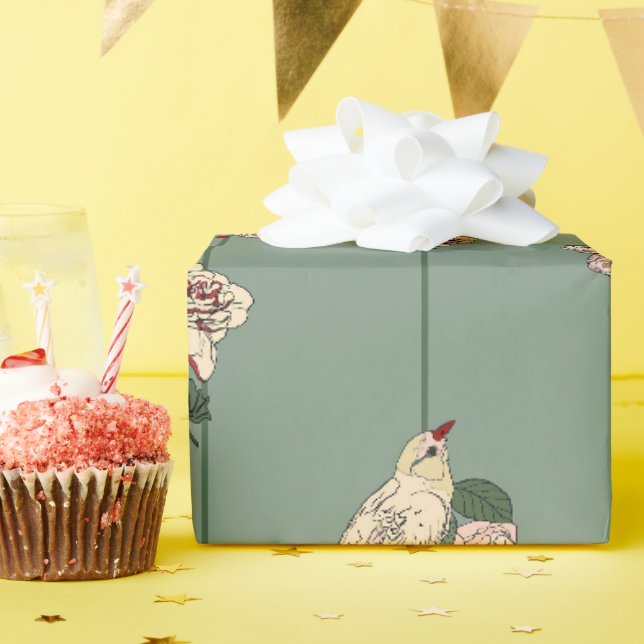 Papier Cadeau Elégante botanique avec des oiseaux crémeux et des (Fête d'anniversaire)