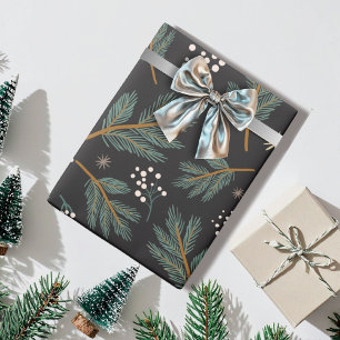 Papier Cadeau Élégante Branche de Pin Noël Noir