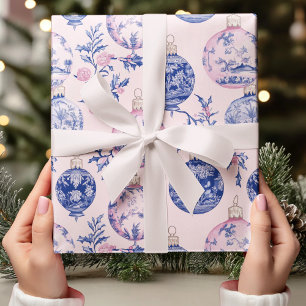 Papier Cadeau Élégante Chinoiserie Bleu et rose ornement de Noël
