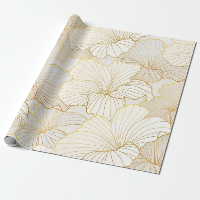 Papier Cadeau Elégante collection moderne or blanc ligne florale (Déroulé)