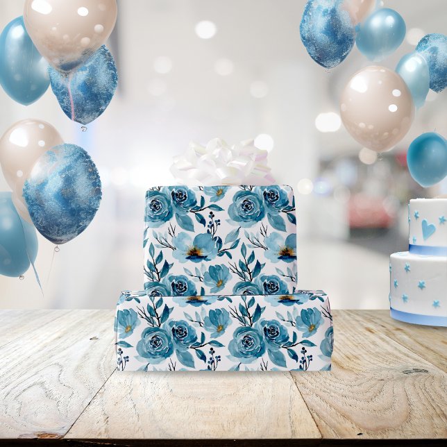 Papier Cadeau Elégante couleur bleu bleu blanc floral (Créateur téléchargé)