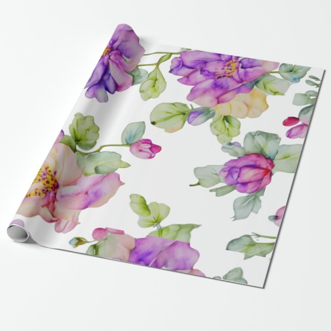 Papier Cadeau Elégante couleur rose violet aquarelle florale (Déroulé)