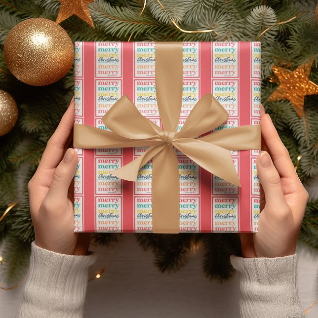 Papier Cadeau Élégante couleur rouge étoiles or Joyeux Noël (Créateur téléchargé)