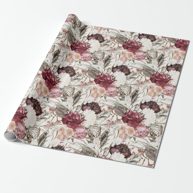 Papier Cadeau Elégante Crème de vin Bourgogne Flore Verdure (Déroulé)