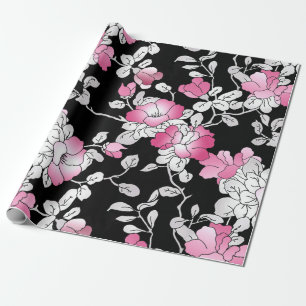 Papier Cadeau Élégante Découpage florale rose blanc noir