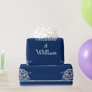 Papier Cadeau Elégante dentelle florale sur Mariage bleu marine