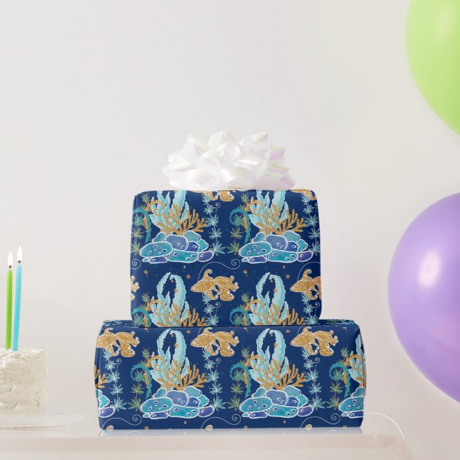 Papier Cadeau Elégante dorée brillant bleu sous la mer (Cadeaux de fête)