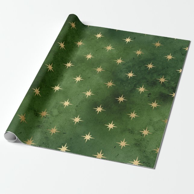 Papier Cadeau Élégante étoile verte et or de Noël motif (Déroulé)