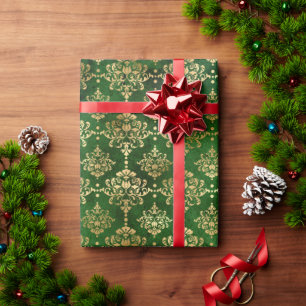 Papier Cadeau Élégante feuille d'or et vert vintage damas motif