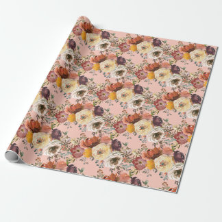 Papier Cadeau Élégante Fleur d'Automne Crème Rouille Bourgogne