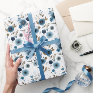 Papier Cadeau Elégante Fleurs Bleues Printemps Aquarelle Florale