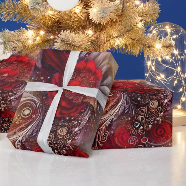 Papier Cadeau Elégante Flore Rouge Plumes dorées perlées (Vacances)