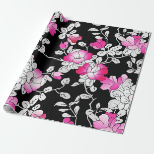 Papier Cadeau Elégante Fuchsia Rose Blanc Noir Floral Découpage