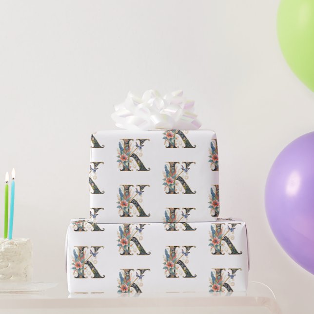 Papier Cadeau Élégante lettre florale bohème K (Cadeaux de fête)