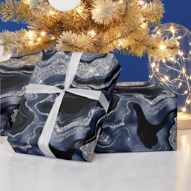 Papier Cadeau Elégante Marine Blue & Silver Parties scintillant  (Vacances)