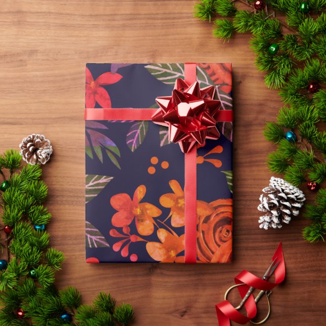Papier Cadeau Elégante Marine Bourgogne Orange Floral (Cadeau de vacances)