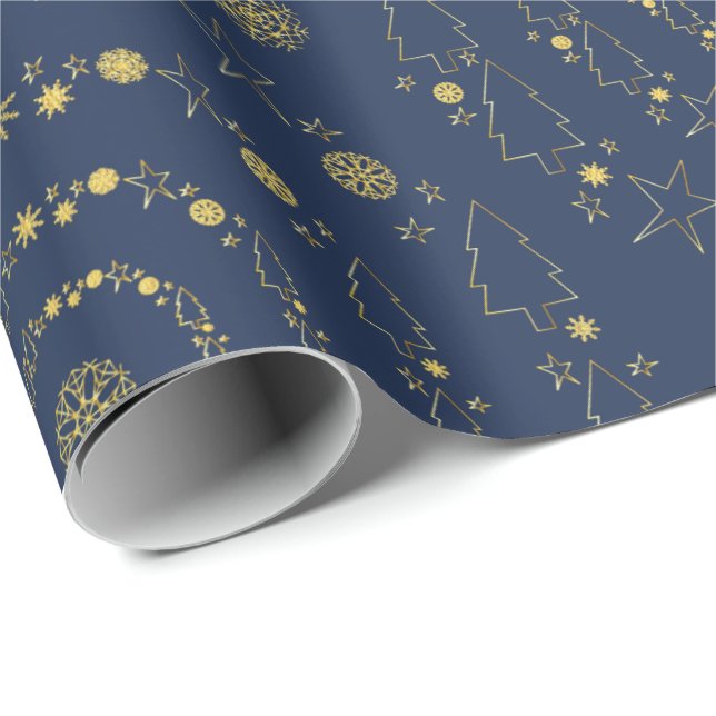 Papier Cadeau Elégante Marine de l'or Fête de Noël Motifs (Coin rond)