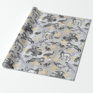 Papier Cadeau Elégante Mosaïque Noir Blanc Or Tigre Lion Eagle