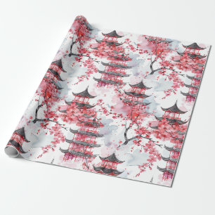 Papier Cadeau Élégante Pagode Chinoise Fleur de Cerisier