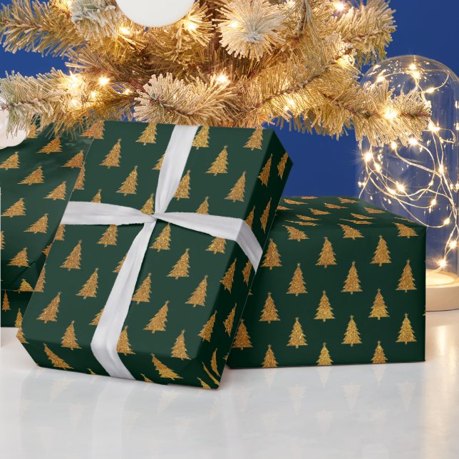 Papier Cadeau Élégante parties scintillant d'or vert foncé arbre (Vacances)