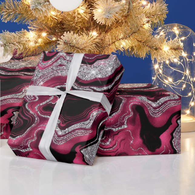 Papier Cadeau Elégante Parties scintillant rouge et argent Agate (Vacances)