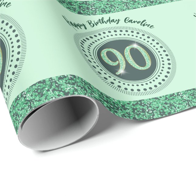 Papier Cadeau Elégante Parties scintillant verte 90e anniversair (Coin rond)