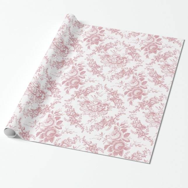 Papier Cadeau Élégante toile florale blanche et rose gravée (Déroulé)