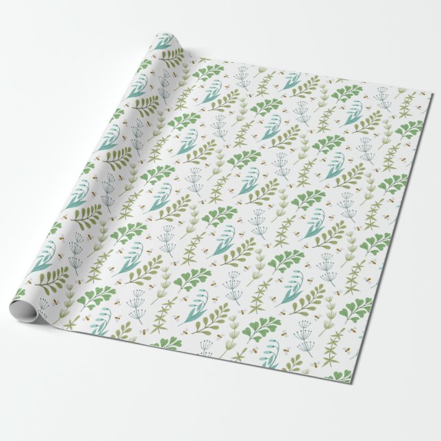Papier Cadeau Élégante verdure botanique Feuillage Miel Bee (Déroulé)