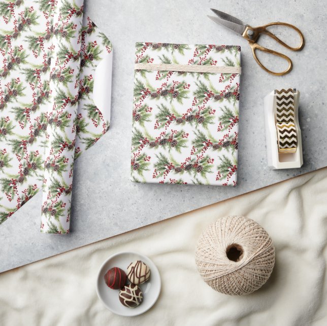 Papier Cadeau Élégante verdure de Noël classique et baies sainte (Artisanat)