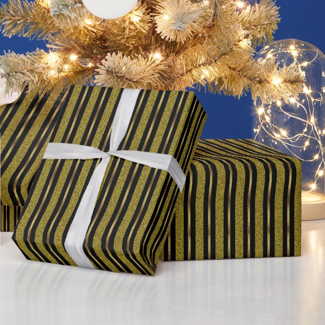 Papier Cadeau Élégantes bandes noires et or (Vacances)