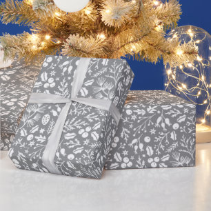 Papier Cadeau Élégantes botaniques d'hiver en gris et blanc
