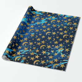 Papier Cadeau Elégantes étoiles d'or et marbre bleu lune marine