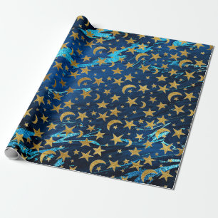 Papier Cadeau Elégantes étoiles d'or et marbre bleu lune marine