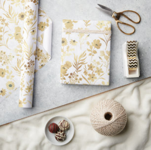 Papier Cadeau Élégantes Fleurs d'or Blanc Botanique
