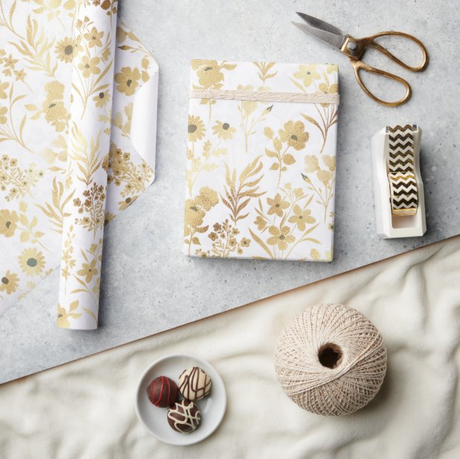 Papier Cadeau Élégantes Fleurs d'or Blanc Botanique (Artisanat)