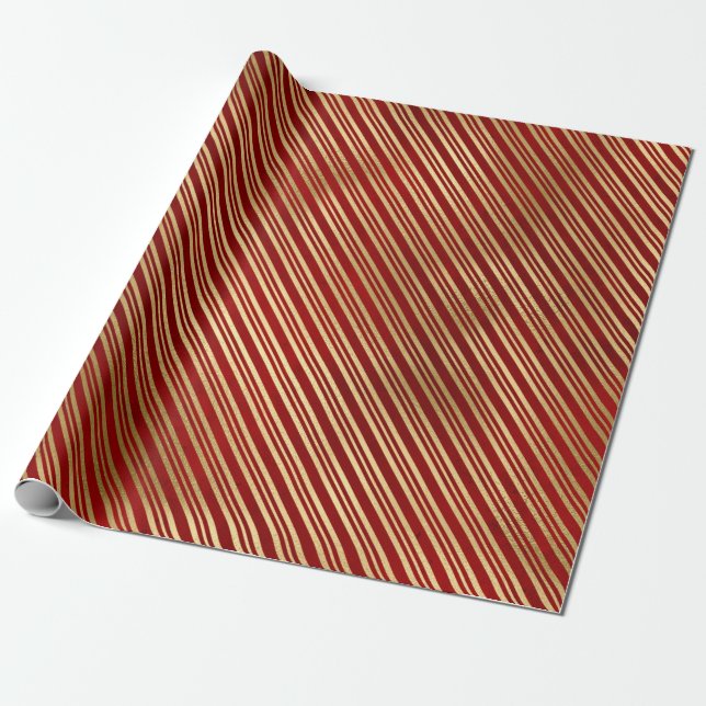 Papier Cadeau Élégantes rayures de Noël rouge et or (Déroulé)