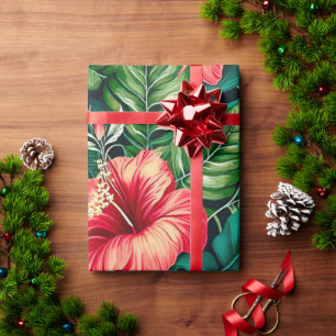 Papier Cadeau Élégants Feuilles tropicaux et fleurs d'Hibiscus  