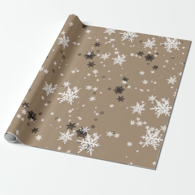 Papier Cadeau Élégants flocons blancs rustiques Kraft (Déroulé)