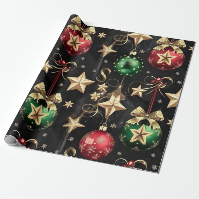 Papier Cadeau Élégants ornements de Noël et étoiles d'or (Déroulé)