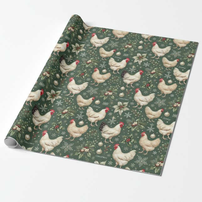 Papier Cadeau Élégants poulets de Noël sur papier vert de vacanc (Déroulé)