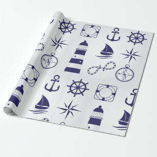 Papier Cadeau Éléments marins nautiques icônes côtières bleu mar