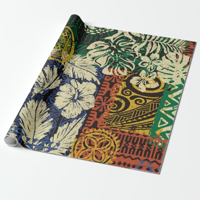 Papier Cadeau Éléments tribaux hawaïens et tissu hibiscus (Déroulé)